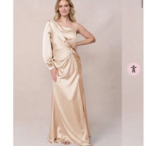 Revelry Satin One Shoulder Bishop Sleeve Draped Formal Evening Gown Champagne